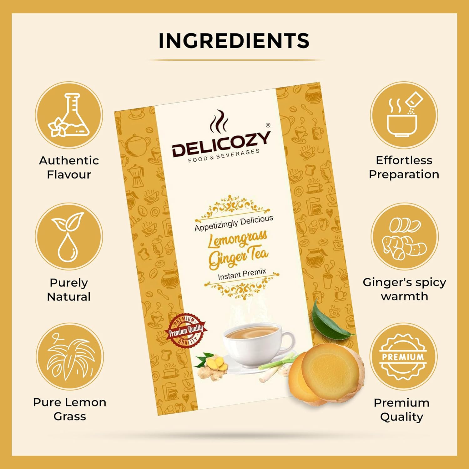 Delicozy Instant  Lemongrass Ginger Tea Premix – 1 kg Pouch