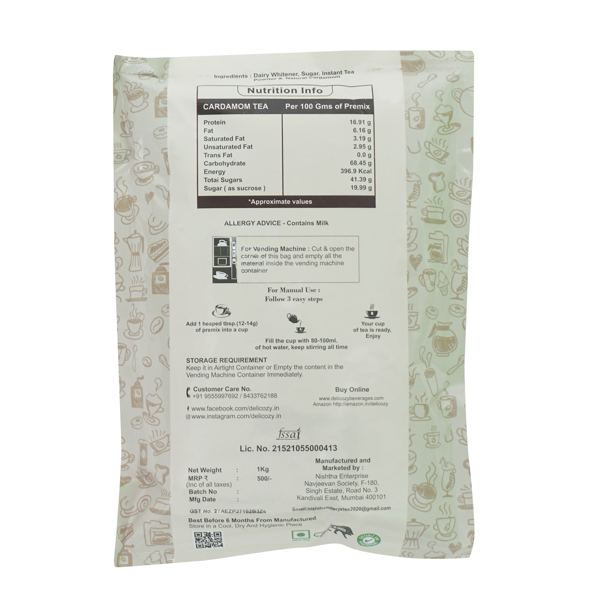 Delicozy Instant  Elaichi (Cardamom) Masala Tea Premix – 1 kg Pouch